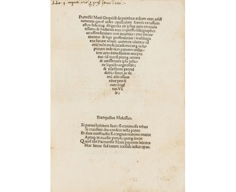 Grapaldus (Franciscus Marius) De partibus aedium, collation: A-B8 a-s8 t4 (including final blank leaf), woodcut initials, sma