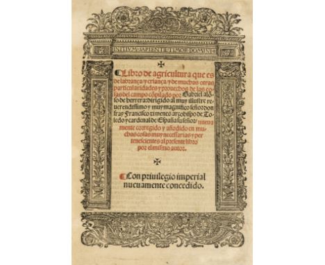 André Simon copy.- Alonso de Herrera (Gabriel) Libro da agricultura, collation: [cross]4 a-z8 2z8 Ɔ6 (lacking final blank), d