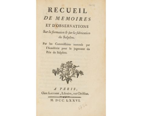 Lavoisier.- Recueil de Memoires et d'Observations sur la formation & sur la fabrication du Salpetre, first edition, half-titl