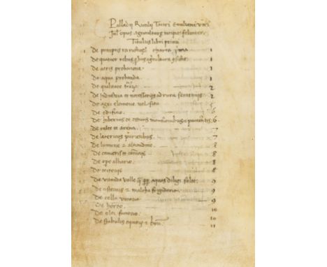 Palladius (Rutilius Taurus) Opus agriculturae, manuscript on vellum, II + 111 + I leaves (text complete, although manuscript 