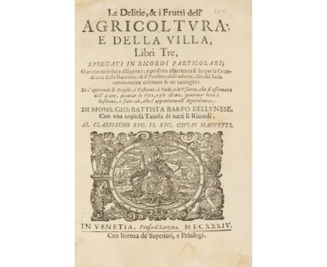 Barpo (Giovanni Battista) Le Delitie, & i Frutti dell' Agricoltura e della Villa, libri tre, title with large woodcut device,
