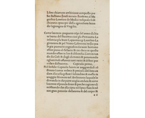 Vergilius Maro (Publius).- Foresi (Bastiano) Libra chiamato Ambitione, collation: a4 b-l8 m6, 89 leaves (of 90, lacking final