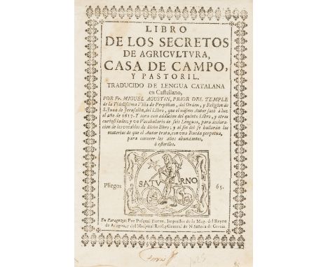 Agustin (Miguel) Libro de los Secretos de Agricultura, Caso de Campo, y Pastoril, title with woodcut vignette and within typo