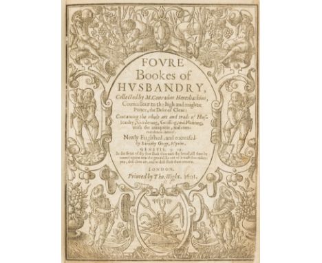 Heresbach (Conrad) Foure Bookes of Husbandry, largely printed in black letter, title within woodcut border (trimmed at fore-e