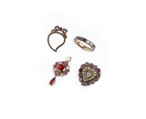 Four 19th century garnet set jewels, comprising a garnet cluster pendant, of openwork design, with pear-shaped garnet drop, a