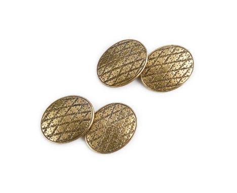 A pair of cufflinks, each oval panel with engraved lattice decoration, on figure-of-eight fittings, stamped '15CT' and signed