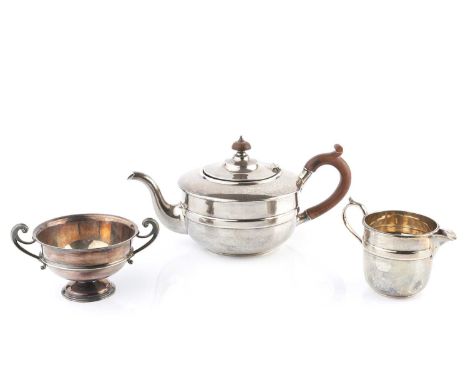 A silver tea pot and milk jug, of circular banded design, the tea pot with composition handle and knop, by Joseph Rodgers &am