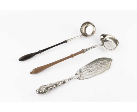 A George II silver toddy ladle, with turned hardwood handle, by James Goodwin, London 1728, 34cm long, together with a 19th c
