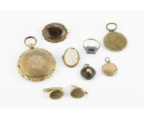 A collection of antique and later jewellery, comprising two 19th century gilt metal locket pendants, each with hairwork compa