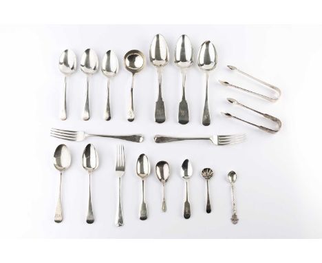 A small quantity of mainly 19th century silver flatware, to include a pair of fiddle pattern table spoons by Solomon Hougham,