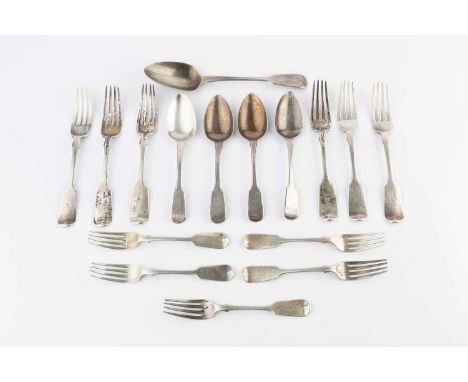 A set of six mid Victorian silver fiddle pattern table forks, and five matching dessert forks, by Josiah Williams &amp; Co, E