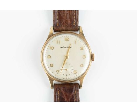 A 9ct gold cased wristwatch by Movado, the circular silvered dial with gilt Arabic numerals and subsidiary seconds dial, to a