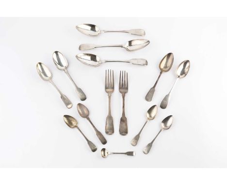 A matched part service of 19th century Irish silver fiddle pattern flatware, comprising by five table spoons by Philip Weekes