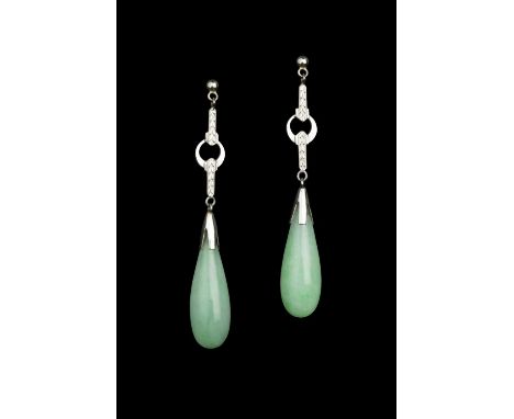 A pair of jade ear pendants, each teardrop-shaped jadeite bead suspended from a linear surmount, with foliate engraved decora