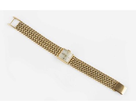A lady's bracelet watch by Longines, the square silvered dial with gilt Arabic quarters and bead markers, to a jewelled manua