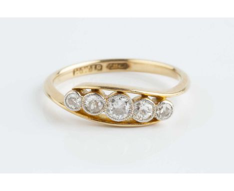 A diamond five stone ring, of crossover design, the graduated old-cut diamonds in millegrain collet settings, two colour prec