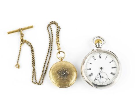 A diamond set hunter fob watch, the white dial with black Roman numerals, to a key wind movement, the engine-turned case with