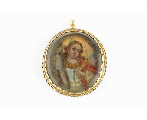 A reliquary pendant, containing portrait miniatures of a Christian Saint and possibly the Virgin Mary, to a yellow metal scal