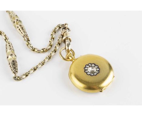A 19th century diamond set open face fob watch and a fancy-link long chain, the fob watch with white dial and black Roman num