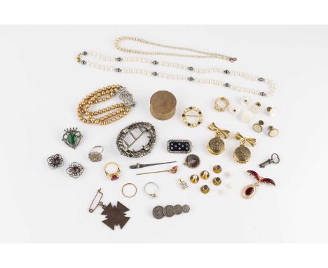 A collection of antique and later costume jewellery, to include a white paste and blue enamel panel brooch, a white paste buc