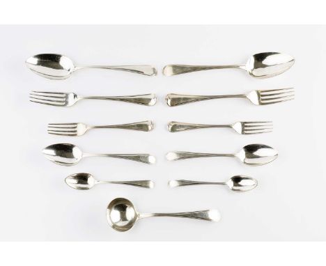 A matched Georgian silver Old English thread pattern flatware, comprising twelve table spoons by George Smith III &amp; Willi