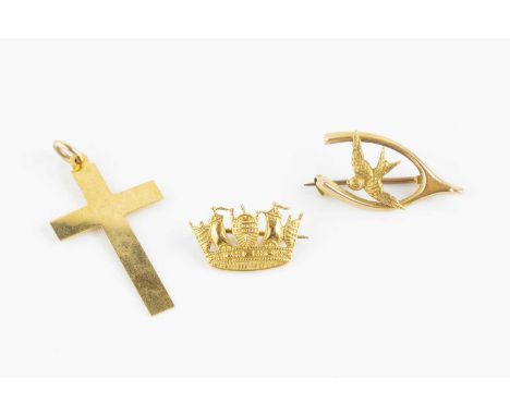 A small collection of jewellery, comprising a wishbone and swallow panel brooch, stamped '15CT', a naval crown brooch, stampe