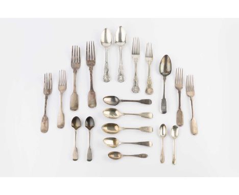 A quantity of mainly 19th century silver flatware, comprising a pair of Irish King's pattern dessert spoons and forks by Jame