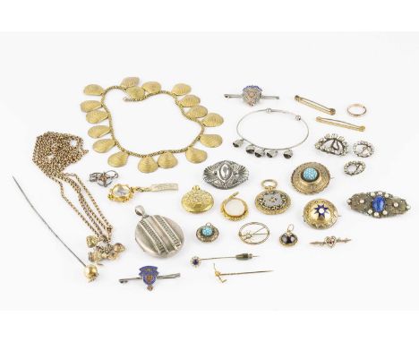 A collection of antique and later jewellery, comprising a Victorian turquoise set panel brooch, applied with ropetwist wirewo