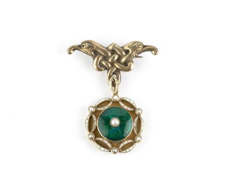 An enamel and half pearl pendant, centred with a circular green enamel panel with half pearl highlight (panel loose), within 