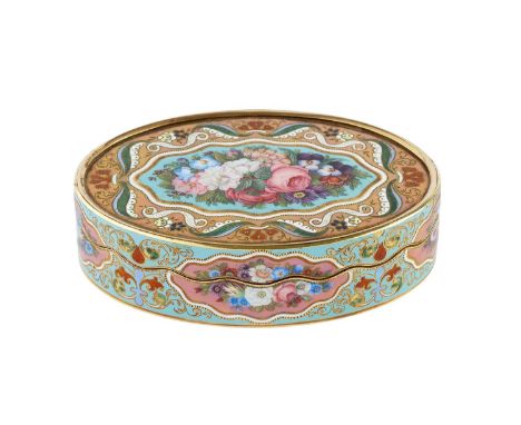 A 19th century Swiss gold and enamel oval snuff box, for the Turkish market, having wavy bezel, the top, sides and base decor