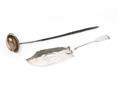 A George III silver fiddle and shell pattern fish slice, the shaped blade pierced and engraved with a fish, by Thomas Watson,