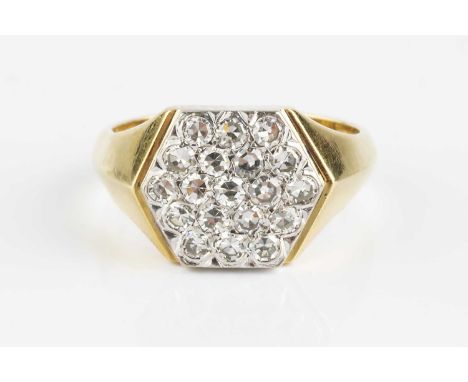 A diamond dress ring, the hexagonal panel pavé set with single-cut diamonds, to a tapered 18ct gold mount with maker's mark B