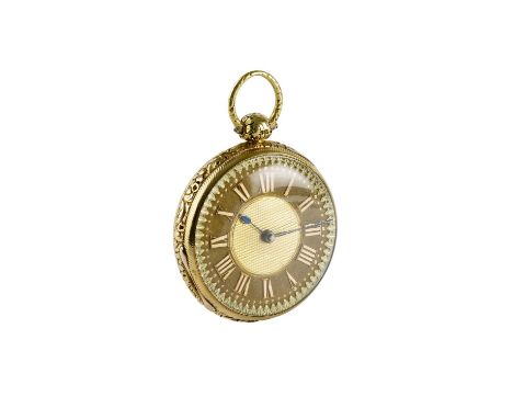 A George III 18ct gold open face pocket watch, the tri-colour dial with Roman numerals, foliate engraved border, engine-turne