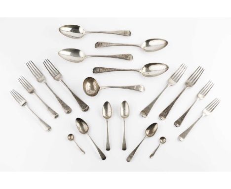 A matched part service of Georgian silver Old English pattern flatware, comprising eight table spoons, eight table forks, six