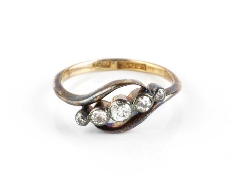 A diamond five stone ring, of crossover design, the graduated old and single-cut diamonds in collet settings, two colour prec