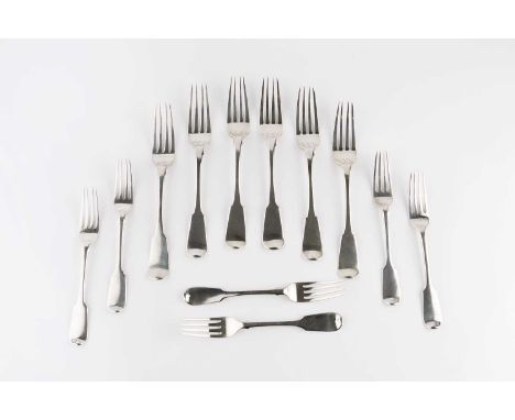 A set of six George IV Scottish silver fiddle pattern table forks, maker's mark FORRESTS, Edinburgh 1821, and a set of six Vi