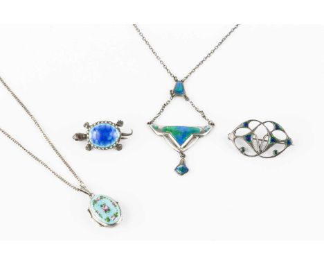 An Edwardian enamel pendant necklace by Charles Horner, heightened with graduated green and blue enamel, signed and hallmarke