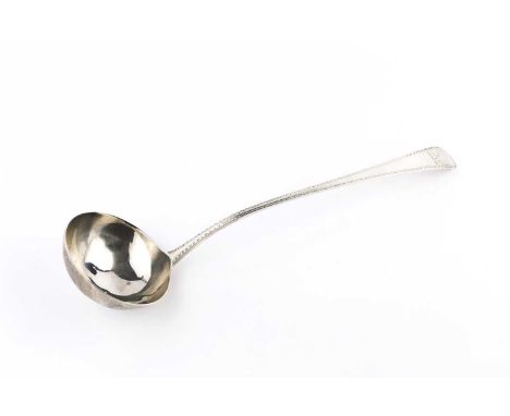 A George III silver Old English pattern soup ladle, with bright-cut borders, by George Smith III, London 1779, 34cm long, 5.5