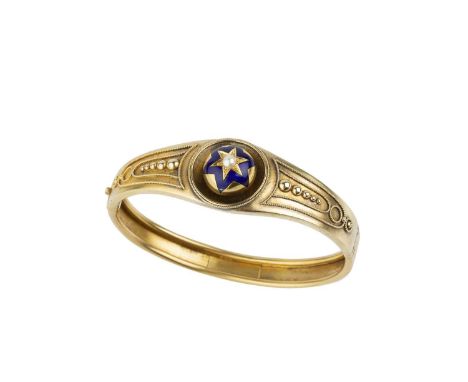 A Victorian enamel and half pearl bangle, of hinged oval form, the tapered frontispiece with a circular boss, centred with a 