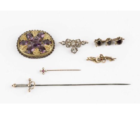 A collection of antique and later jewellery, comprising a diamond set foliate panel brooch, the lasque-cut diamonds in foiled