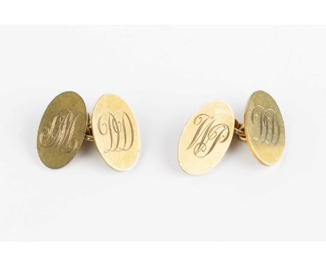 A pair of 9ct gold cufflinks, each oval panel with engraved monogram, on chain-link fittings, hallmarked for Birmingham 1929,