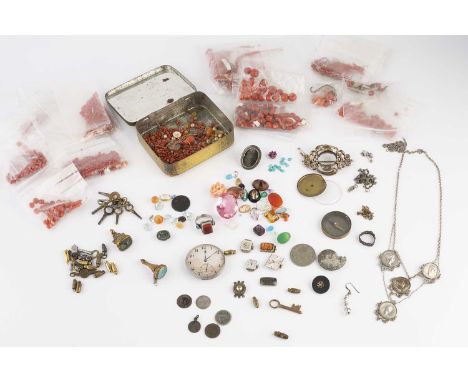 A collection of assorted jewellery, beads and stones, to include a quantity of loose coral corallium rubrum beads, an oval mi