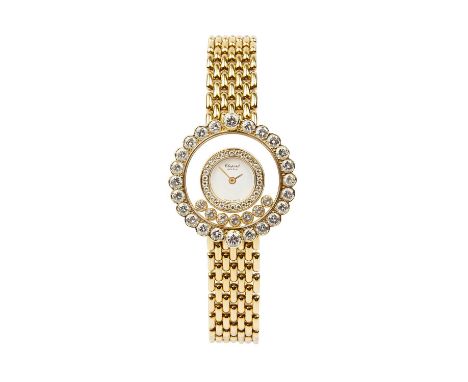 A lady's 18ct gold 'Happy Diamonds' bracelet watch by Chopard, the circular white dial edged with single-cut diamonds, within