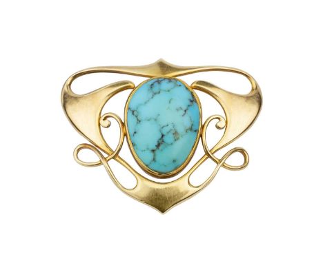 An Arts and Crafts turquoise set panel brooch by Murrle Bennett &amp; Co., the sinuous openwork panel centred with an oval tu