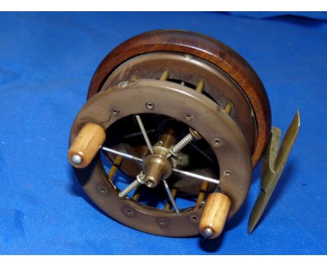REEL: Rare 3" Coxon Aerial wood backed wide drum reel, 6 spoke with tension regulator, twin bone handles, hairline crack betw