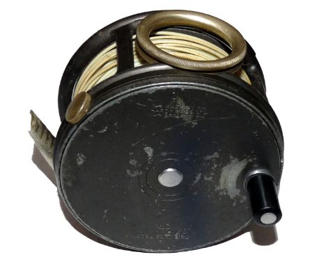 REEL: Hardy Perfect 3.75" wide drum alloy salmon fly reel, black handle, rim tension regulator, nickel rotating line guide, h