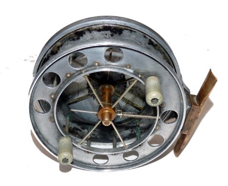 REEL: Early Allcock Aerial 4.5" alloy Centre pin reel, 6 spoke (tension regulator spoke broken), crazed white handles, 8 larg