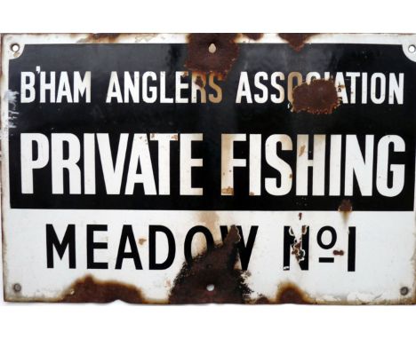 ENAMEL SIGN: Vintage enamel metal sign "Birmingham Anglers Association, Private Fishing Meadow No.1", 4 screw fixings, charac