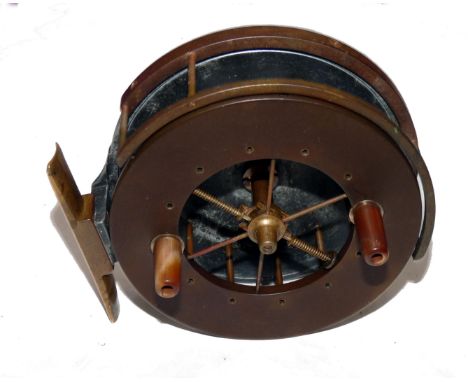 REEL: Rare Allcock Dominion Aerial trotting reel, 4" diameter drum, 6 spoke with tension regulator, twin horn handles on nick