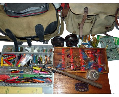 ACCESSORIES: Good mixed collection of fishing accessories, ins assorted Devons, spinners lures and mounts, floats flies and b